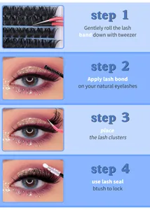 Four-step tutorial showing how to apply DIY individual cluster lashes with tools