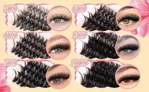 Comparison of various eyelash cluster densities from 30D to 100D for natural or voluminous looks