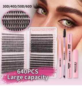 Macro detail of 640 clusters DIY eyelash extension kit with tools and bond and seal