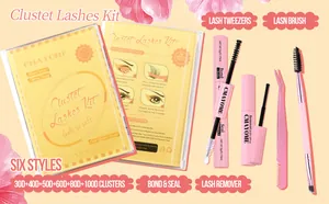 Detail view of cluster lashes kit with 30D-100D lashes, bond & seal, remover and pink tweezers