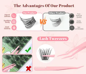 Dettagli del set ciglia finte a ciuffetti con fibre sintetiche e pinzetta rosa a pettine
