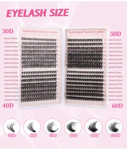 Size chart showing 30D to 100D eyelash cluster density and 8mm-16mm length specifications