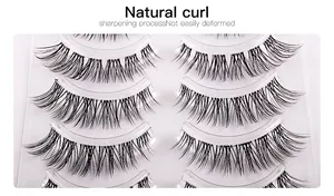 Macro shot of 5 pairs of natural curl eyelashes with a fine sharpening process and clear band