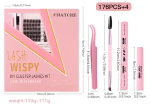 Detailed size chart for DIY eyelash extension kit including tools and cluster lashes