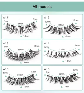 Size chart showing six styles of manga false eyelashes with detailed length and band measurements