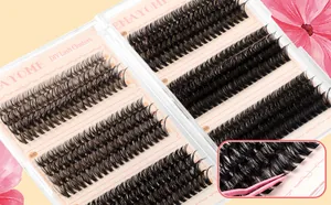 Detail showing 40D to 60D cluster lashes with diverse lengths and pink tweezers