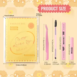 Detailed size chart for five-piece eyelash kit including case tweezers and glue in centimeters