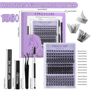 DIY cluster eyelash extension kit with 1560 pcs lashes, dual-end glue, and tweezers
