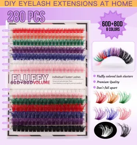 Macro detail of 280 clusters colorful fluffy individual lash extensions in 8 vivid shades