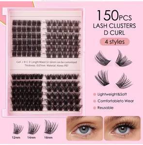Λεπτομέρεια σετ 150 βλεφαρίδων D curl με μήκη από 12mm έως 16mm για τέλειο εφέ