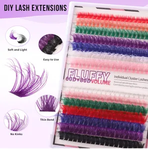 Macro detail of multi-color fluffy 60D 80D individual cluster lashes with thin base