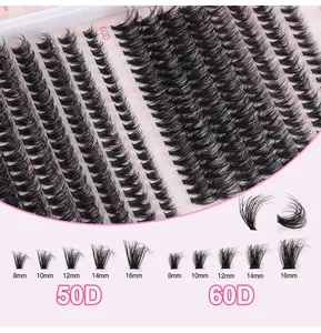 Detailed view of 50D and 60D eyelash extensions in various lengths from 8mm to 16mm