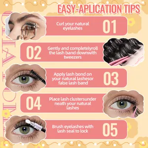 5-step application guide for cluster lashes including curling, gluing, and sealing