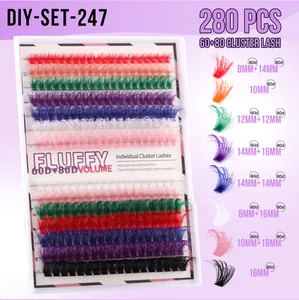 Macro view of 280 clusters multi-colored lash set with 60D 80D density and size chart