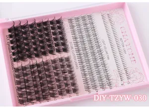 Λεπτομέρεια σετ μεμονωμένων βλεφαρίδων DIY καμπύλης D σε ροζ κουτί με κάτω βλεφαρίδες