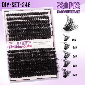 Detailed view of 280-piece DIY cluster lash kit showing 60D and 80D volume lashes