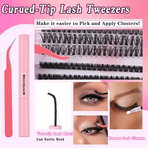 Lash extension kit with pink tweezers, bond and seal glue, brush and lash clusters