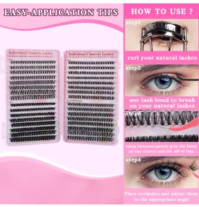 Detailed lash kit tray with 30D/40D/50D clusters and a four-step application guide