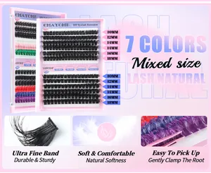 Dettaglio macro di 7 ciglia finte colorate DIY con consistenza morbida e misure miste