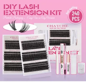 Detailansicht eines 240er DIY Wimpernverlängerungs-Kits mit Werkzeug und Kleber