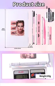 Kit de pestañas DIY con pegamento, sellador, pinzas y medidas detalladas del set