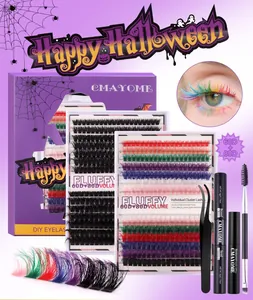 Macro shot of 60D 80D cluster lashes with glue tweezers and halloween makeup accessories