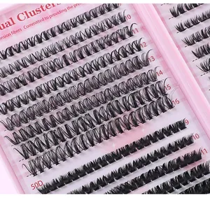 Detailed view of 50D individual cluster eyelashes in pink packaging ranging from 9-16mm