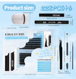 Kit de extensión de pestañas DIY con 228 grupos, herramientas azules y medidas de tamaño