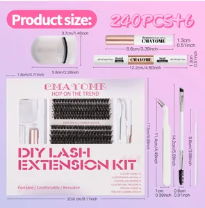 Detaillierte Größentabelle für DIY Wimpernverlängerungsset mit 240 Büscheln und 6 Tools