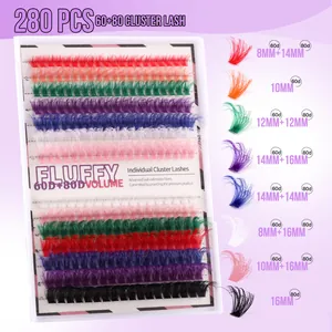 Colorful 280pcs cluster lashes set with mixed lengths 8-16mm in 60D and 80D density