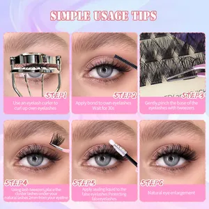 Detailed six-step guide showing DIY eyelash extensions application with tools and glue