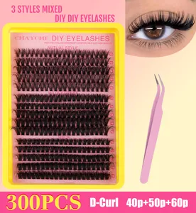 DIY cluster lash extension kit with 300 pieces of 60D 100D dense D-curl lashes and tweezers