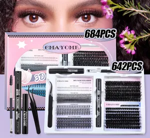 Detail of DIY eyelash kit including bond, seal, remover, tweezers and clusters
