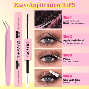 Dual-ended eyelash bond and seal set with pink tweezers for DIY cluster extensions