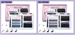 Macro view of DIY eyelash extension kit including clusters, glue, seal, and tweezers