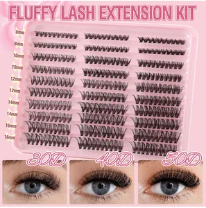 Detailed lash extension kit showing 8-16mm individual clusters in a pink tray