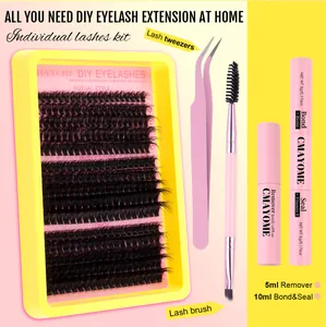 DIY eyelash extension kit with lashes, glue bond, seal, remover, and pink tweezers set