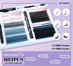 Detail view of 684 pieces individual lash clusters with bond seal and remover tools