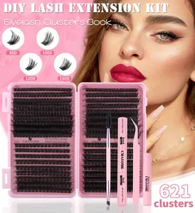 Detail of 621 cluster lash kit showing 8-16mm lengths and professional application tools