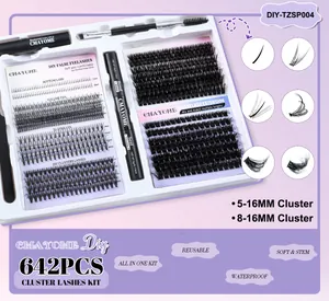 Detail view of 642pcs DIY eyelash extension kit including clusters and bond seal tools
