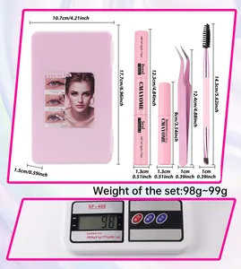 Wimperextensionset met gewicht- en maatinformatie en roze opbergdoos voor gereedschap