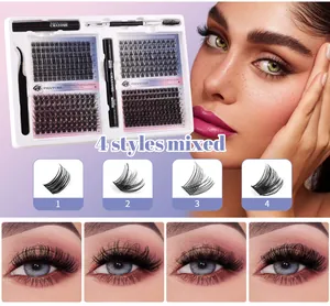 Detailweergave van DIY wimperverlengingsset met wimpersegmenten en lijmtools