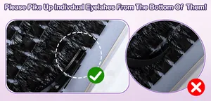 Instructional guide showing how to pick up individual lashes with tweezers from the base