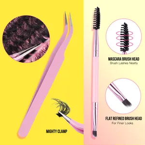 Detailed view of pink eyelash tweezers and dual-ended mascara brush tool kit