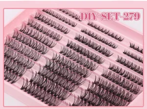 Detailed macro view of black segmented DIY eyelashes set with 10 rows on pink tray