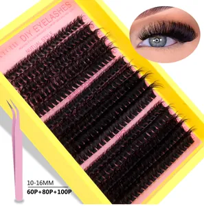 DIY cluster eyelash extension kit with yellow tray and pink tweezers for natural volume