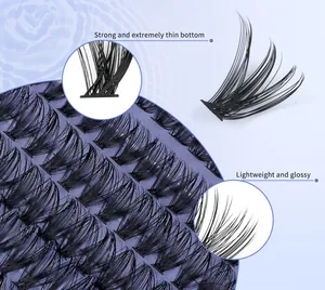 Macro-opname van glanzend zwarte DIY-wimperclusters met een ultradunne basis en textuur