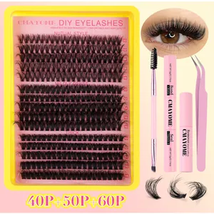 Detail of DIY eyelash kit including bond, seal, remover, and mixed length 10-16mm lashes