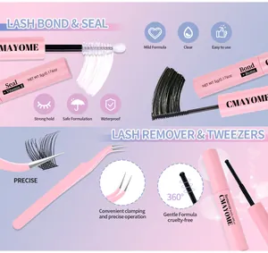 Lash extension kit details with bond, seal, remover, pink tweezers, and vitamin E
