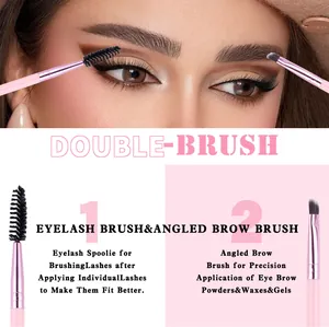 Dual-ended eyelash spoolie and angled brow brush with pink handle for eye makeup